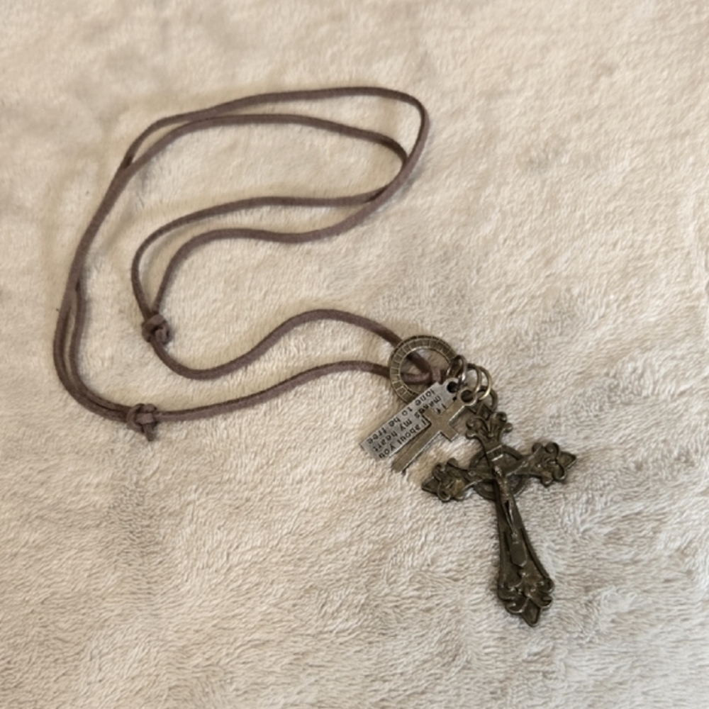#570 Bronze Cross Pendant Necklace with Brown Cord
